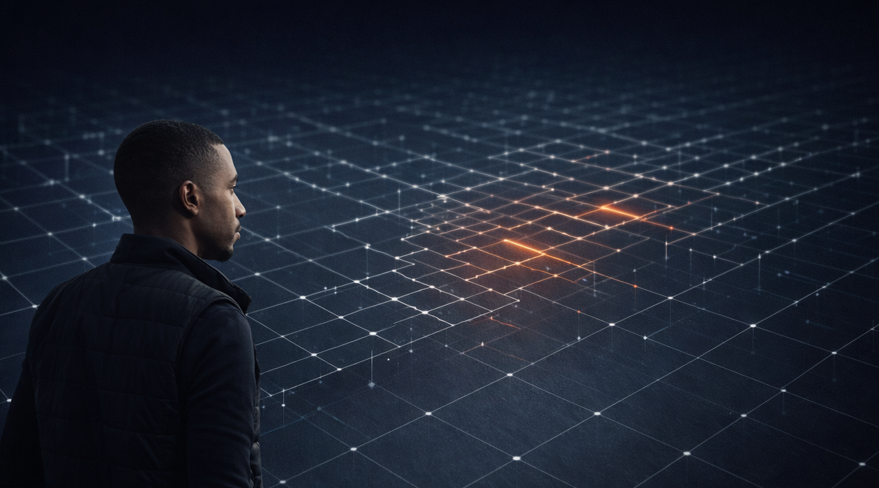 A professional standing before a large digital grid system where a small misalignment spreads and distorts the structure as it scales outward. AI Is Not the Problem.